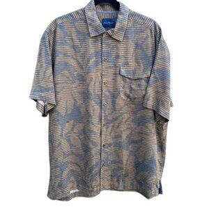 Tommy‎ Bahama Mens XL Beige/Blue Striped Tropical Short-Sleeve Button-Up Shirt